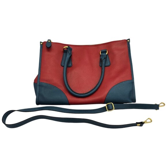 Borse in Pelle Made in Italy Red Blue Leather Satchel Handbag Gold Hardware Tote - Picture 1 of 16